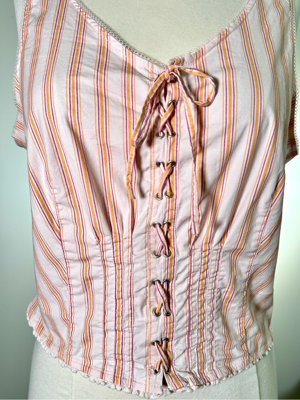 Unionbay XL Juniors Pink Stripe Lace Up Corset Tank Crop Top Y2K - Picture 9 of 10